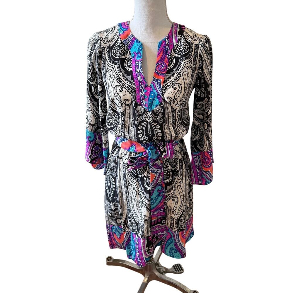 Alice & Trixie Silk Colorful Paisley Print Bell Sleeve Belted Mini Dress XS